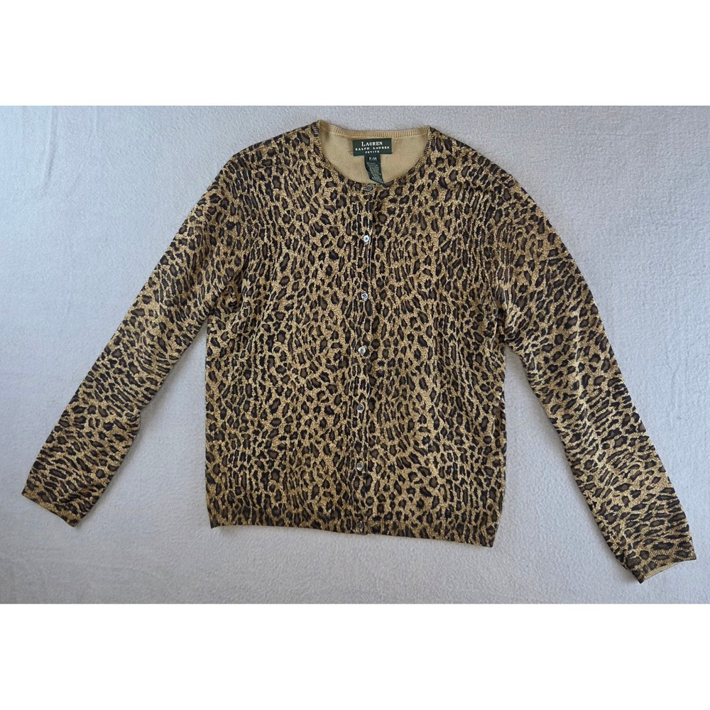 Lauren Ralph Lauren Leopard Print Silk Blend Cardigan Sweater Petite PM